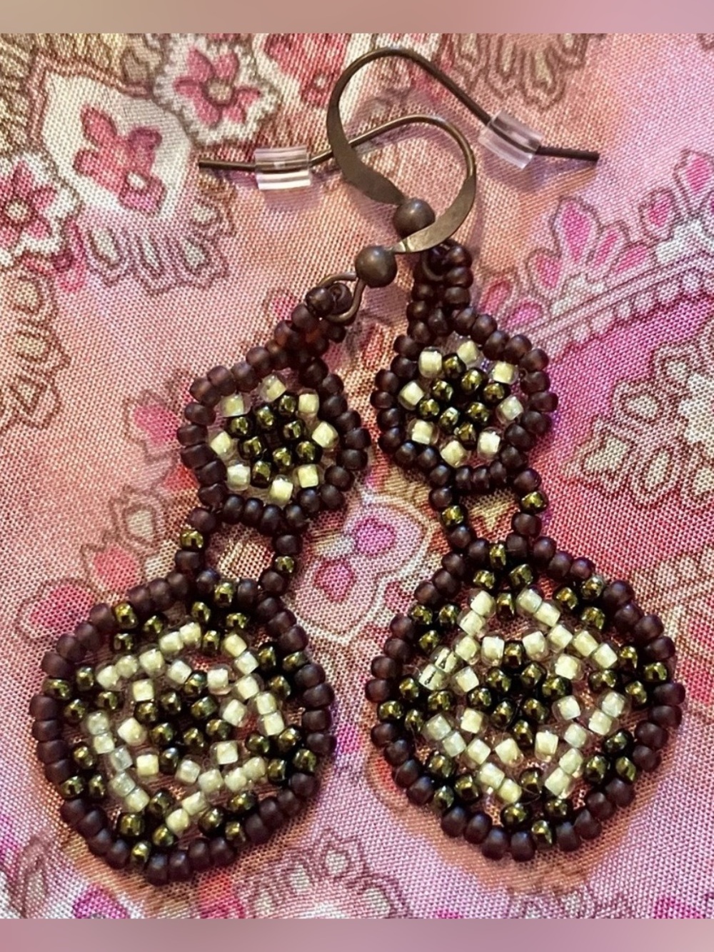 Handmade Miyuki Brown Olive Green Mandala Double Drop Beaded Statement Earrings